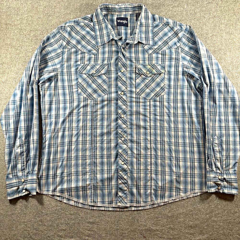 Wrangler Men's XXL Blue White Plaid Cotton Woven Pearl Snap Button-Up Shirt